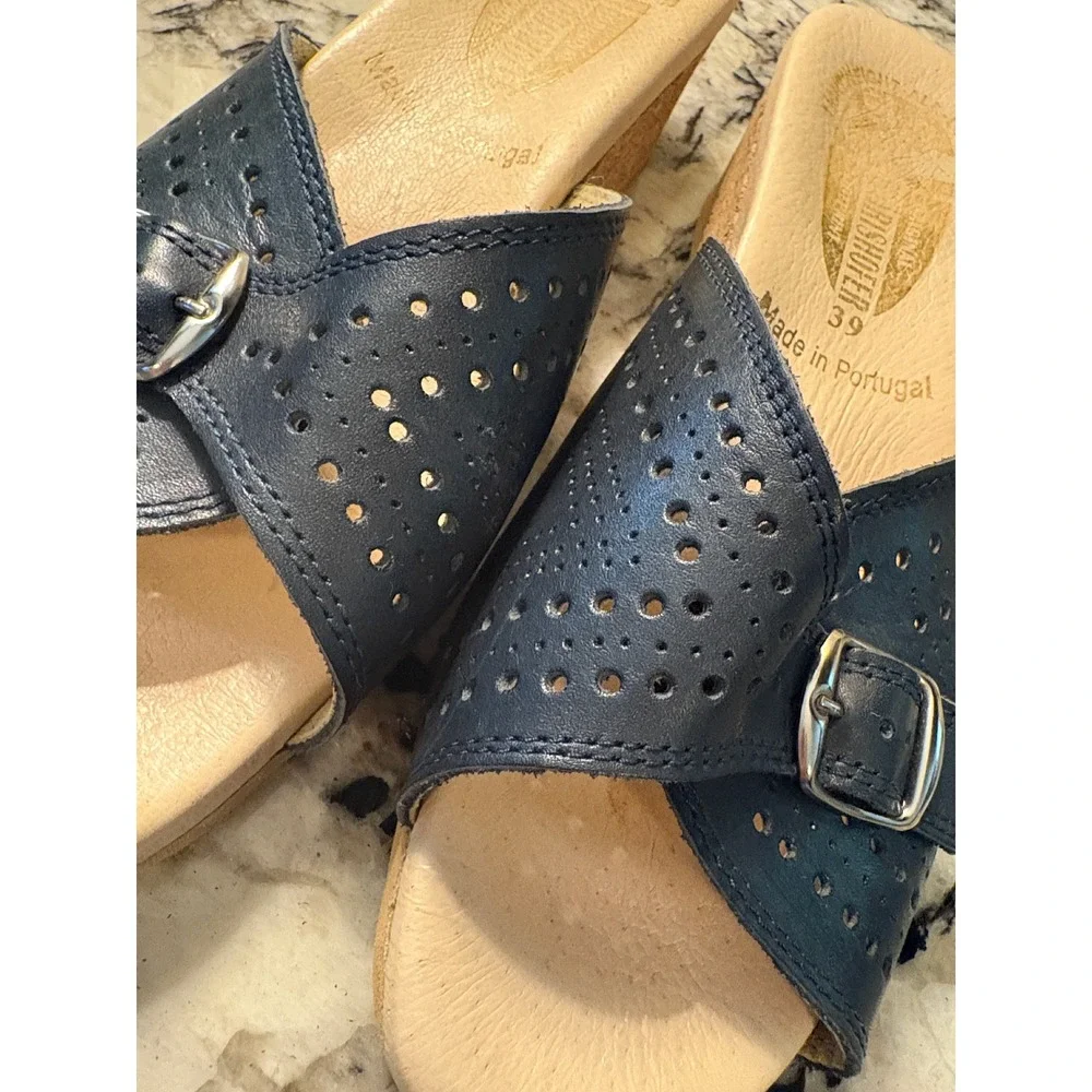 Werishofer Sandals US 8 Navy Leather Cork Wedge Comfort Boho Grandmacore